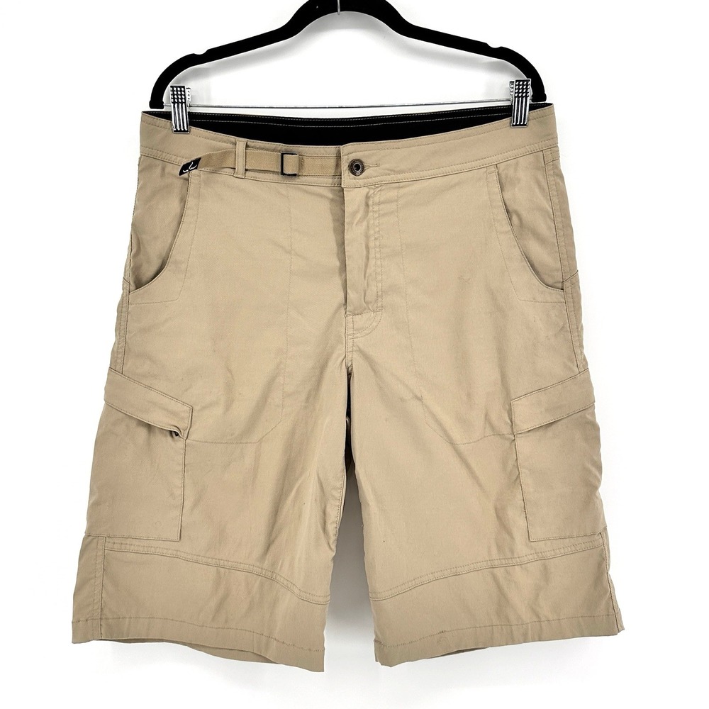 Prana Shorts Mens L Beige Built in Belt Performance Stretch 12" Hiking Outdoor